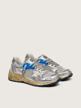 Dad-Star pour femme en cuir laminé argenté et mesh, avec étoile en cuir blanc et languette de talon argentée