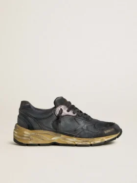 Dad-Star pour femme en cuir naplak noir et cuir craquelé, avec étoile et languette de talon noires