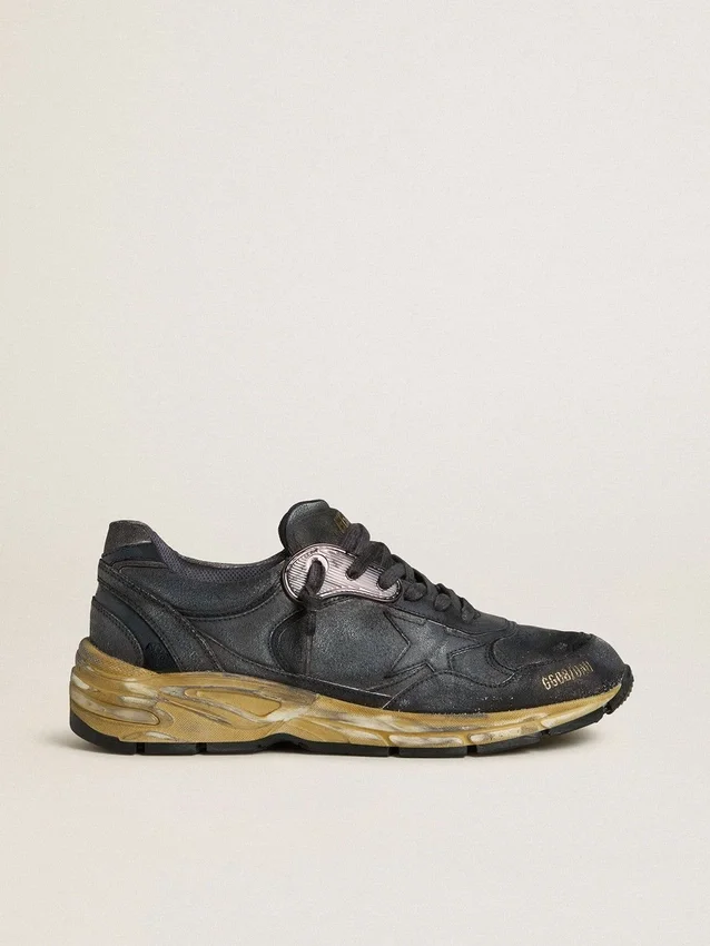 Dad-Star pour femme en cuir naplak noir et cuir craquelé, avec étoile et languette de talon noires