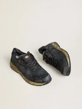 Dad-Star pour femme en cuir naplak noir et cuir craquelé, avec étoile et languette de talon noires