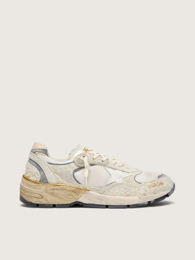 Dad-Star pour femme en daim et mesh, avec étoile en cuir blanc et languette de talon en cuir beige