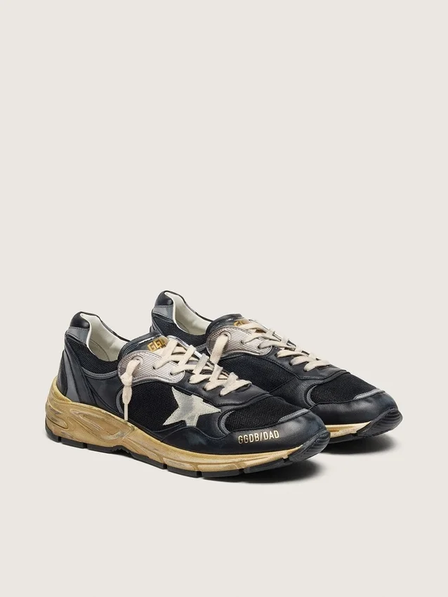 Dad-Star pour femme en maille noire et argentée et cuir nappa avec étoile gris glacier