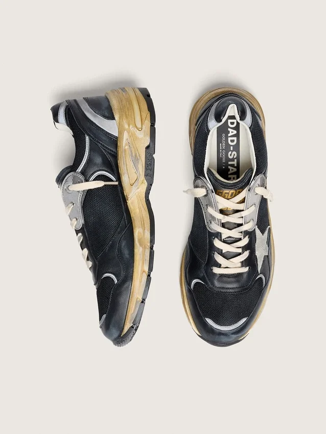 Dad-Star pour femme en maille noire et argentée et cuir nappa avec étoile gris glacier