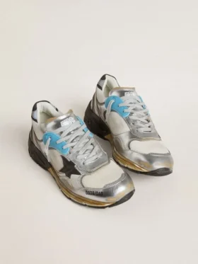 Dad-Star pour femme en mesh et cuir argenté métallisé avec étoile en daim noir