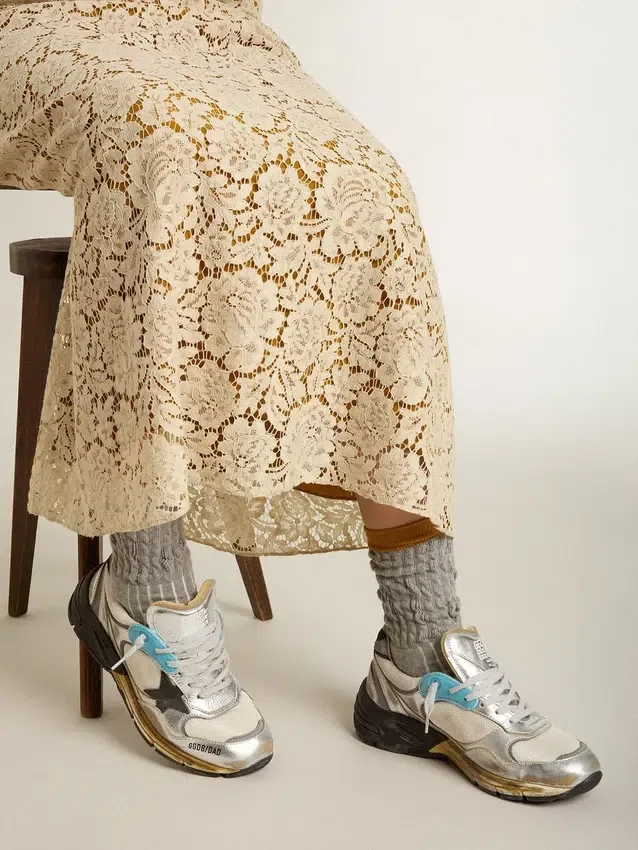 Dad-Star pour femme en mesh et cuir argenté métallisé avec étoile en daim noir