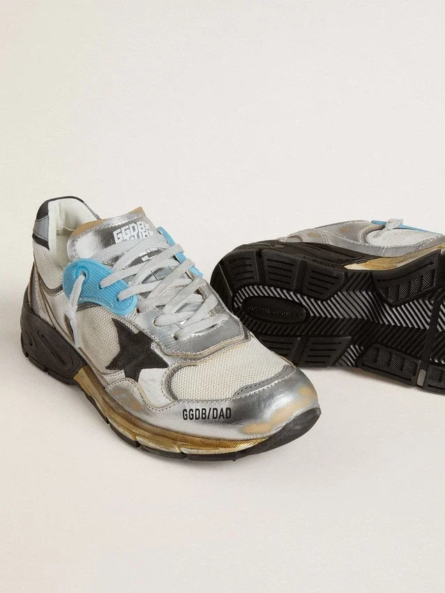 Dad-Star pour femme en mesh et cuir argenté métallisé avec étoile en daim noir