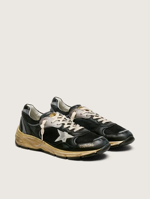Dad-Star pour homme en maille noire et argentée et en cuir nappa, avec une étoile gris glacier