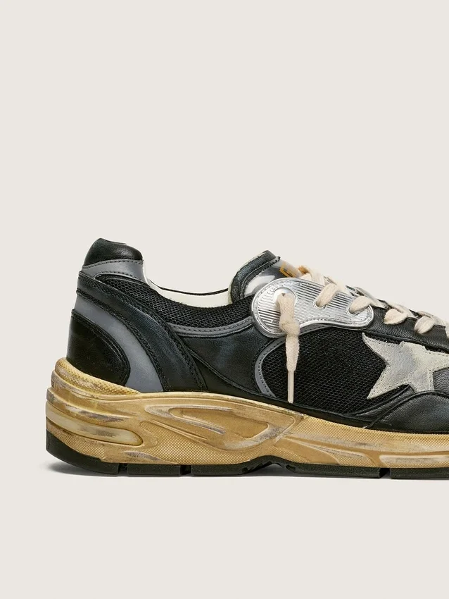 Dad-Star pour homme en maille noire et argentée et en cuir nappa, avec une étoile gris glacier