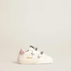 Ensemble « Baby School » en cuir nappa blanc avec languette de talon en cuir rose