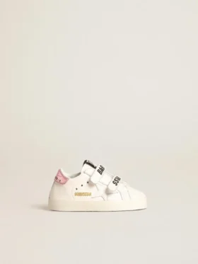 Ensemble « Baby School » en cuir nappa blanc avec languette de talon en cuir rose