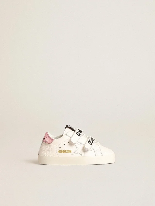 Ensemble « Baby School » en cuir nappa blanc avec languette de talon en cuir rose