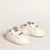 Ensemble « Baby School » en cuir nappa blanc avec languette de talon en cuir rose