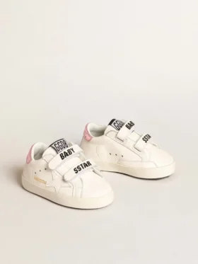 Ensemble « Baby School » en cuir nappa blanc avec languette de talon en cuir rose