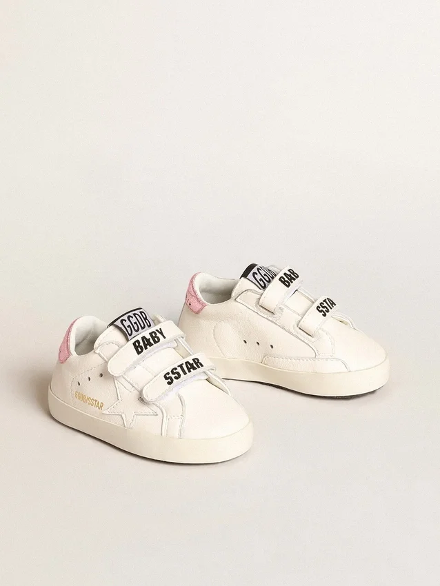Ensemble « Baby School » en cuir nappa blanc avec languette de talon en cuir rose