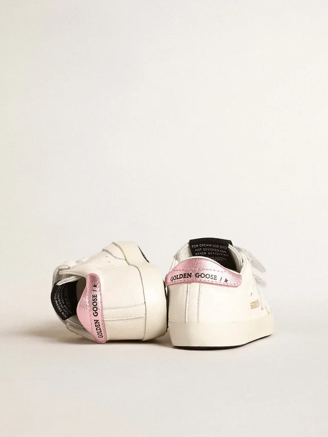 Ensemble « Baby School » en cuir nappa blanc avec languette de talon en cuir rose