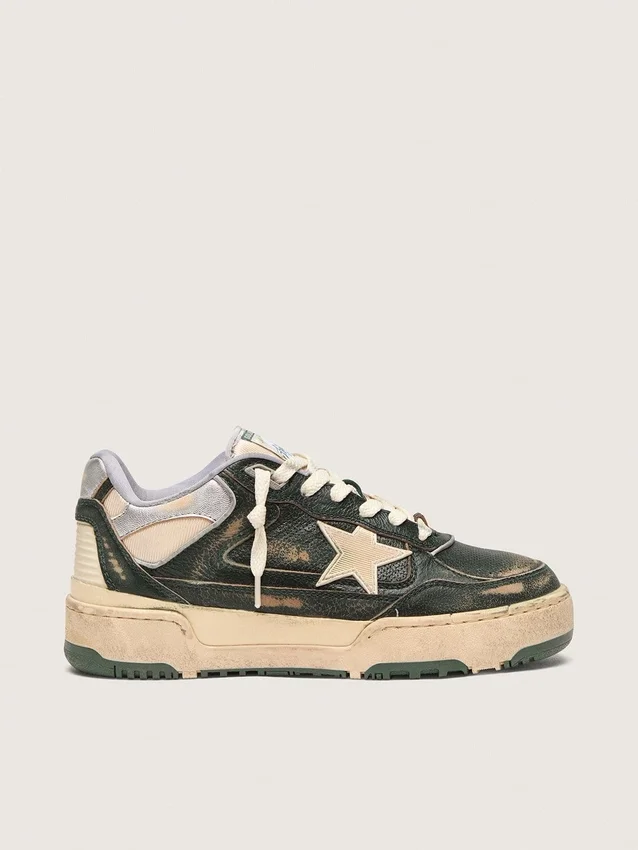 Forty2 pour femme en cuir vert et nylon crème, avec étoile en TPU et languette de talon en cuir argenté