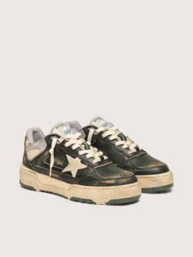 Forty2 pour homme en cuir vert et nylon crème avec étoile en TPU et languette de talon en cuir argenté
