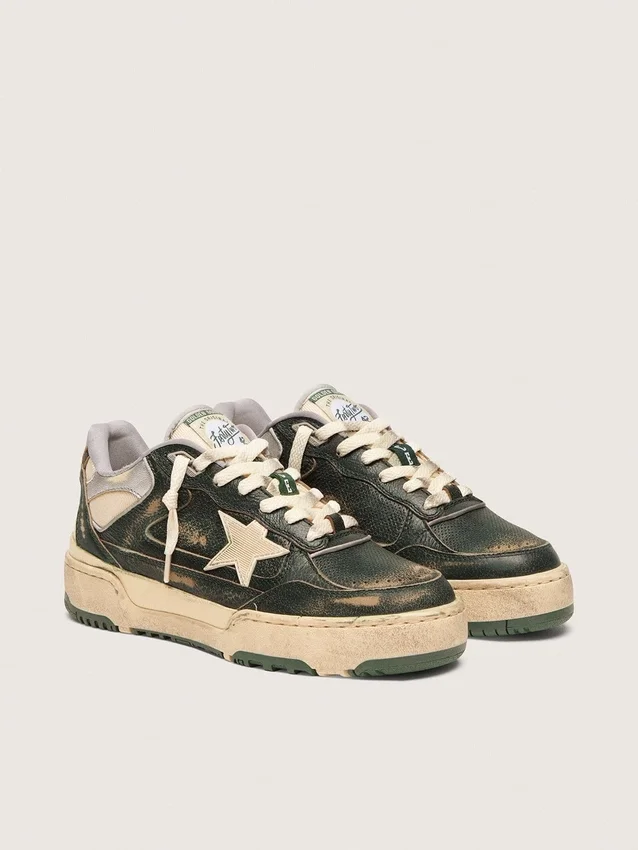 Forty2 pour femme en cuir vert et nylon crème, avec étoile en TPU et languette de talon en cuir argenté
