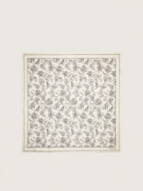 Foulard vintage en soie blanche à motif floral noir