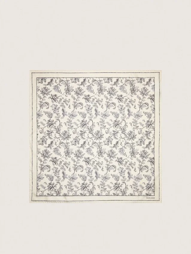 Foulard vintage en soie blanche à motif floral noir