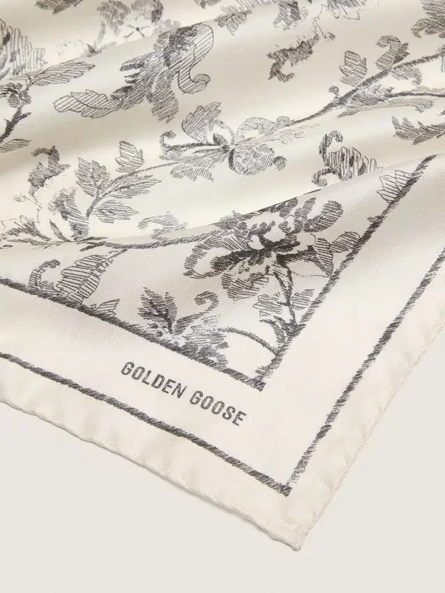 Foulard vintage en soie blanche à motif floral noir