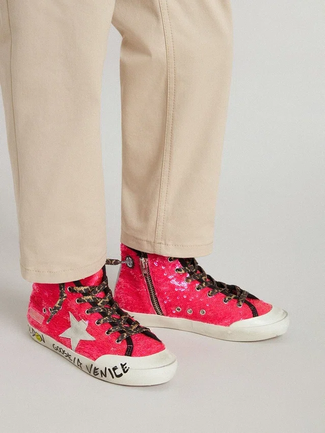 Francy Junior à paillettes avec étoile en daim gris glacé et lacets à imprimé animalier
