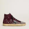 Francy LAB pour femme en daim bordeaux avec étoile en cuir noir brillant et strass
