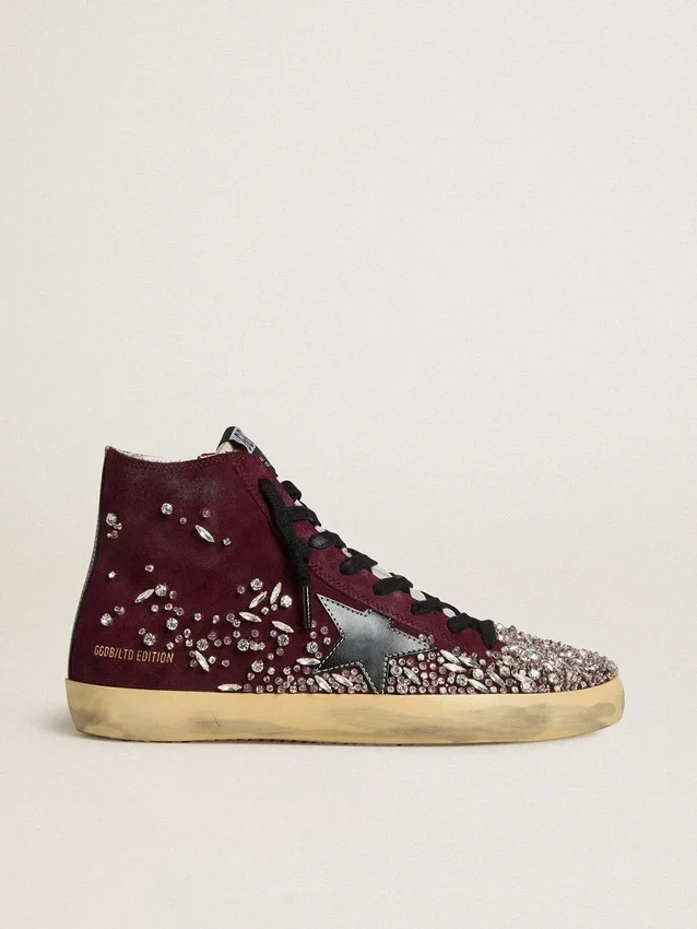 Francy LAB pour femme en daim bordeaux avec étoile en cuir noir brillant et strass