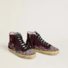 Francy LAB pour femme en daim bordeaux avec étoile en cuir noir brillant et strass