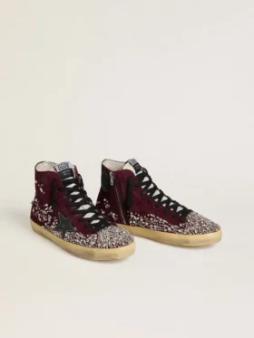 Francy LAB pour femme en daim bordeaux avec étoile en cuir noir brillant et strass
