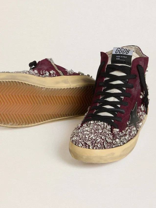 Francy LAB pour femme en daim bordeaux avec étoile en cuir noir brillant et strass