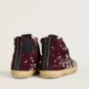 Francy LAB pour femme en daim bordeaux avec étoile en cuir noir brillant et strass