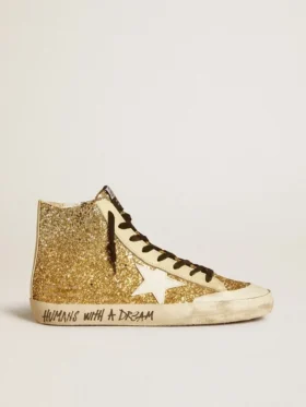 Francy Penstar en paillettes dorées avec une étoile en cuir blanc