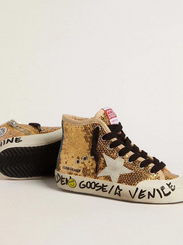 Francy Penstar Junior en paillettes dorées avec étoile en daim gris glacé