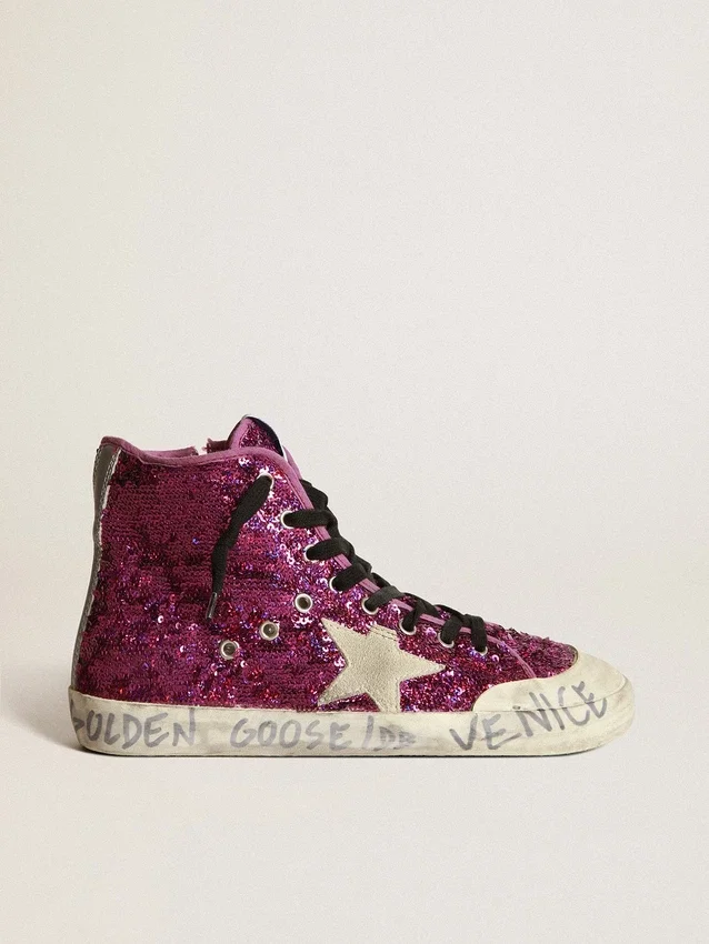 Francy Sneakers ornées de paillettes et d’un lettrage manuscrit sur la semelle extérieure