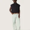 Gilet pour homme en sergé de coton bleu foncé avec fermeture à glissière et étiquette imprimée d’un drapeau