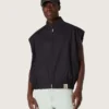 Gilet pour homme en sergé de coton bleu foncé avec fermeture à glissière et étiquette imprimée d’un drapeau