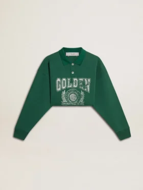 Green cropped polo sweat-shirt for women with print