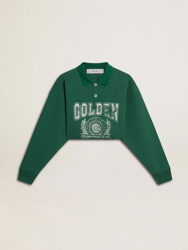 Green cropped polo sweat-shirt for women with print