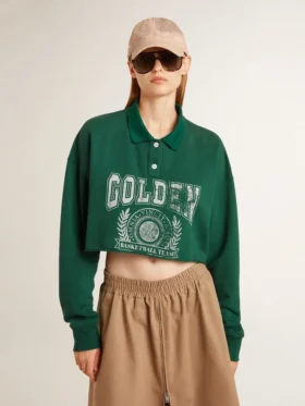 Green cropped polo sweat-shirt for women with print