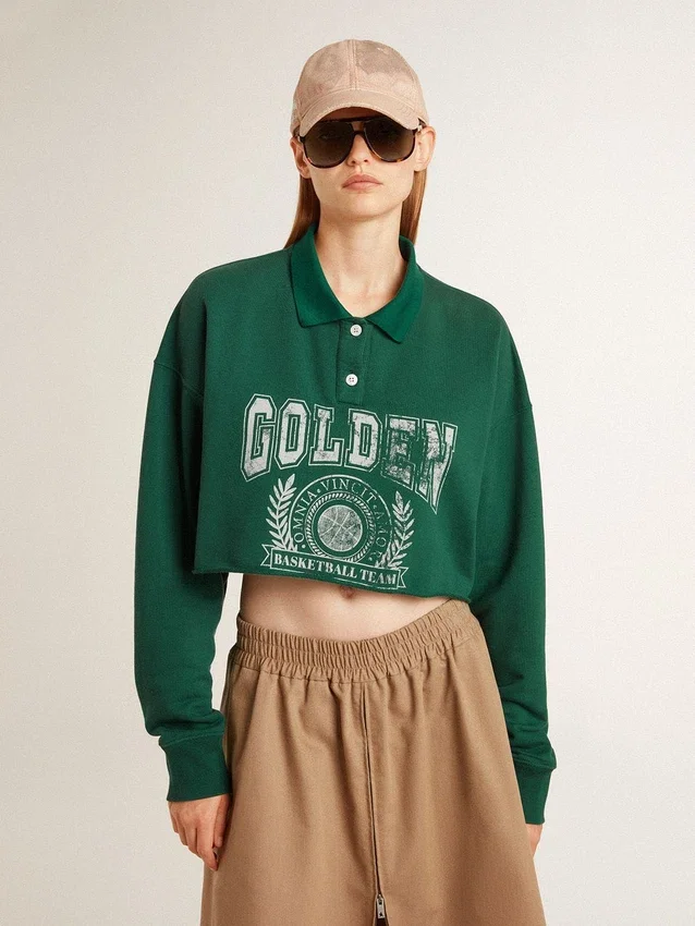 Green cropped polo sweat-shirt for women with print