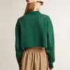 Green cropped polo sweat-shirt for women with print