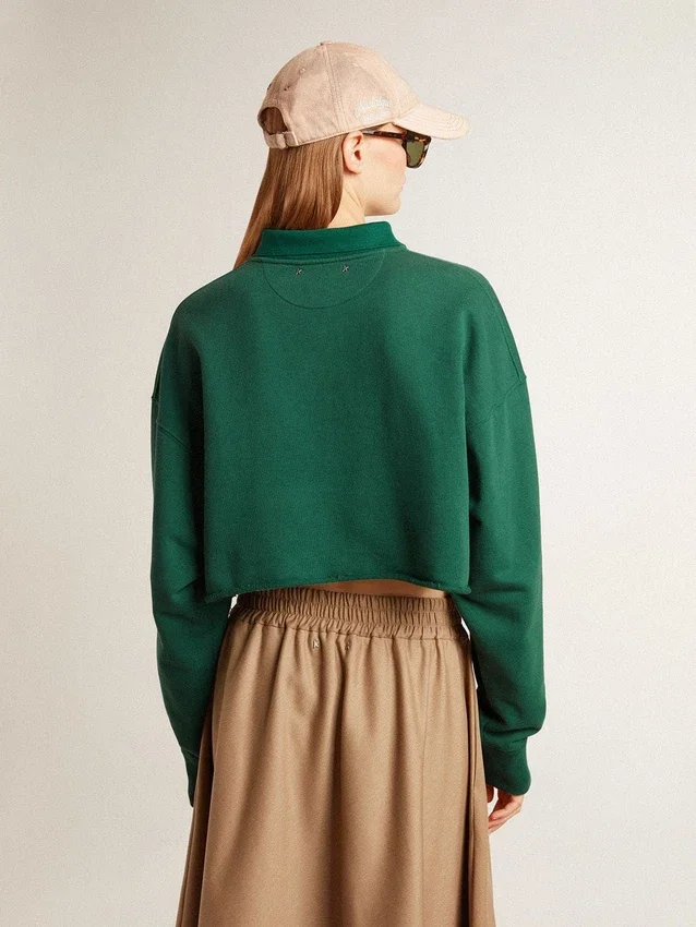 Green cropped polo sweat-shirt for women with print