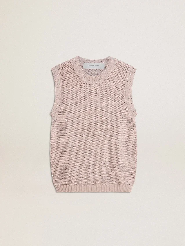 Haut en maille ajourée avec paillettes et détails contrastés