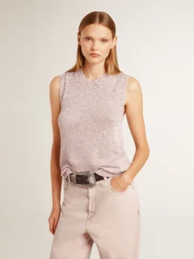Haut en maille ajourée avec paillettes et détails contrastés