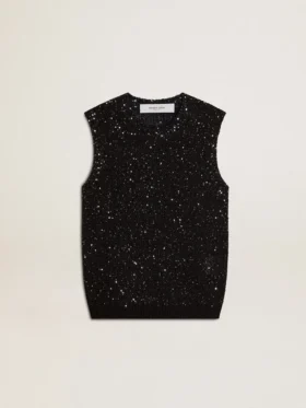 Haut en maille noire avec paillettes et détails contrastés
