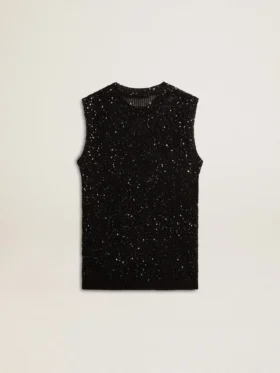 Haut en maille noire avec paillettes et détails contrastés