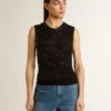 Haut en maille noire avec paillettes et détails contrastés