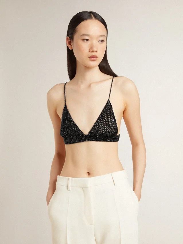 Haut noir en crochet pour femme avec cristaux