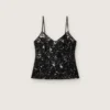 Haut pour femme en tulle noir à motif floral en paillettes noires